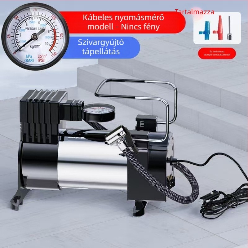 Hordozható autó légpumpa 12V, 120W, 40 L/perc, nyomásmérővel, hosszú tápkábel 1,5–3 m