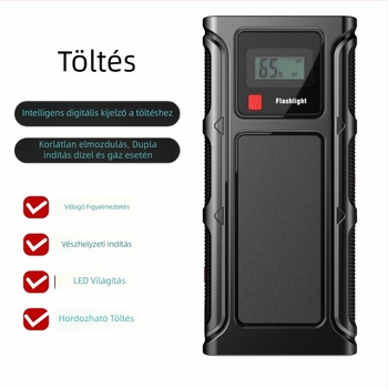 12V autózáró akkumulátor kijelzővel, vészindító (jump starter), légpumpa és USB power bank — bemenet 220V, kimenet USB 5V, CE tanúsítvány