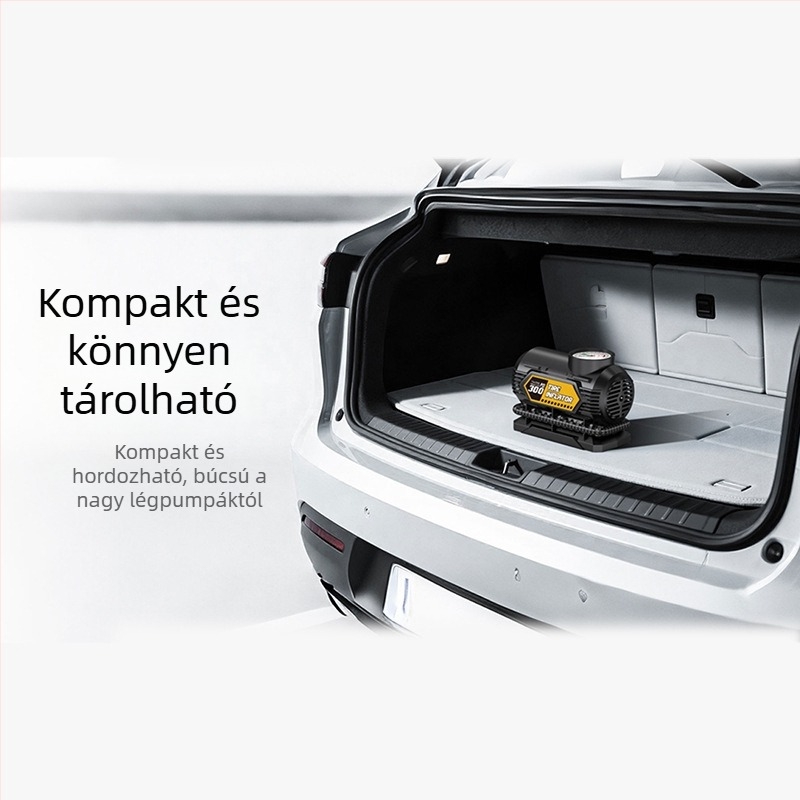 Autó guminyomó inflátor, hordozható, manométerrel, 12V, 80W, légáramlás 30 L/min, mutató kijelző, több mint 20 perc folyamatos működés