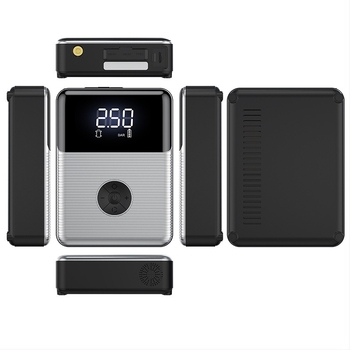 Vezeték nélküli autógumi pumpa – all-in-one egység vészindítással, CE tanúsítvánnyal, bemenet 12.6V, kimenet 12V, 4 fej: autó, motorkerékpár, kerékpár, kosárlabda.