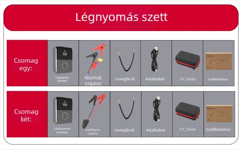Vezeték nélküli autógumi pumpa – all-in-one egység vészindítással, CE tanúsítvánnyal, bemenet 12.6V, kimenet 12V, 4 fej: autó, motorkerékpár, kerékpár, kosárlabda.