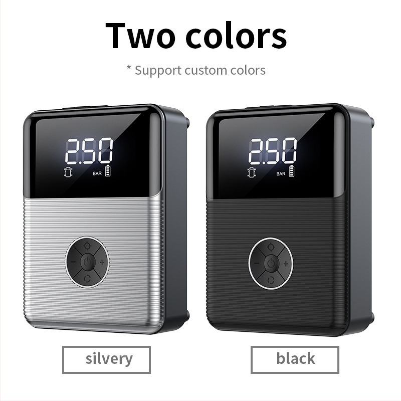 Vezeték nélküli autógumi pumpa – all-in-one egység vészindítással, CE tanúsítvánnyal, bemenet 12.6V, kimenet 12V, 4 fej: autó, motorkerékpár, kerékpár, kosárlabda.