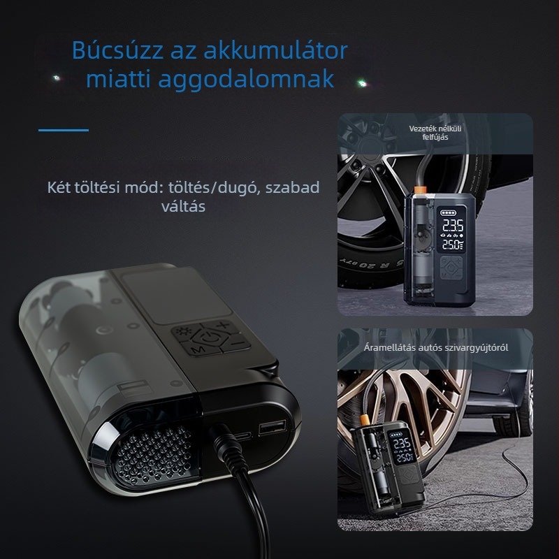 Autó inflációs pumpa digitális kijelzővel, 12V, 100W, 25 L/perc, USB töltés