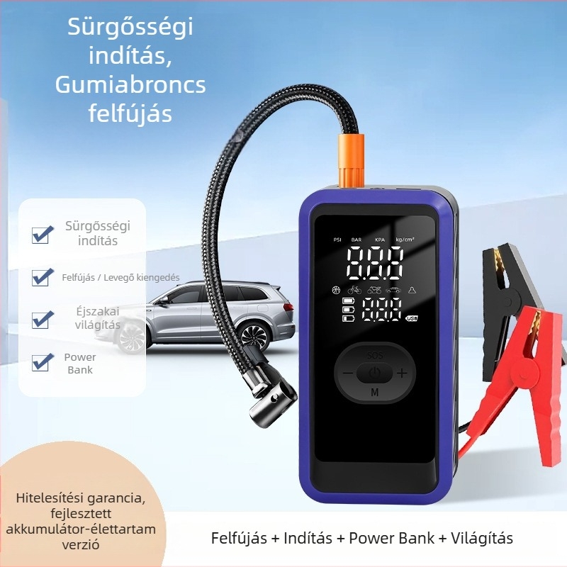 Autómentő indító akkumulátor beépített levegőpumpával (70 L/min), digitális kijelző, gumiabroncsnyomás-mérő és USB-C töltés