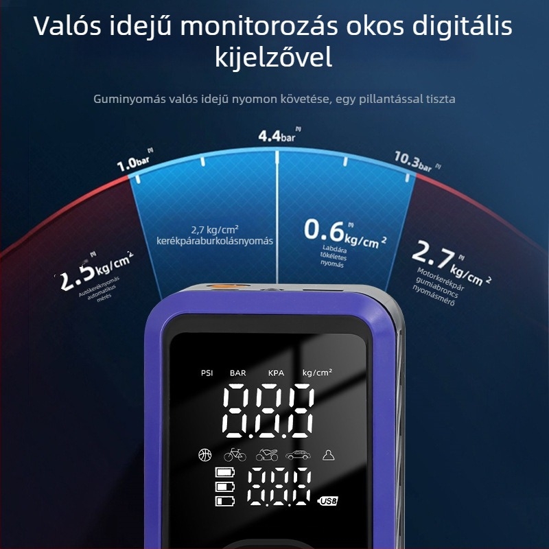 Autómentő indító akkumulátor beépített levegőpumpával (70 L/min), digitális kijelző, gumiabroncsnyomás-mérő és USB-C töltés