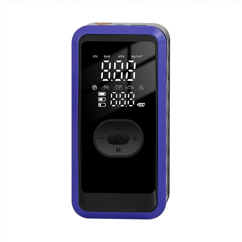 Autómentő indító akkumulátor beépített levegőpumpával (70 L/min), digitális kijelző, gumiabroncsnyomás-mérő és USB-C töltés