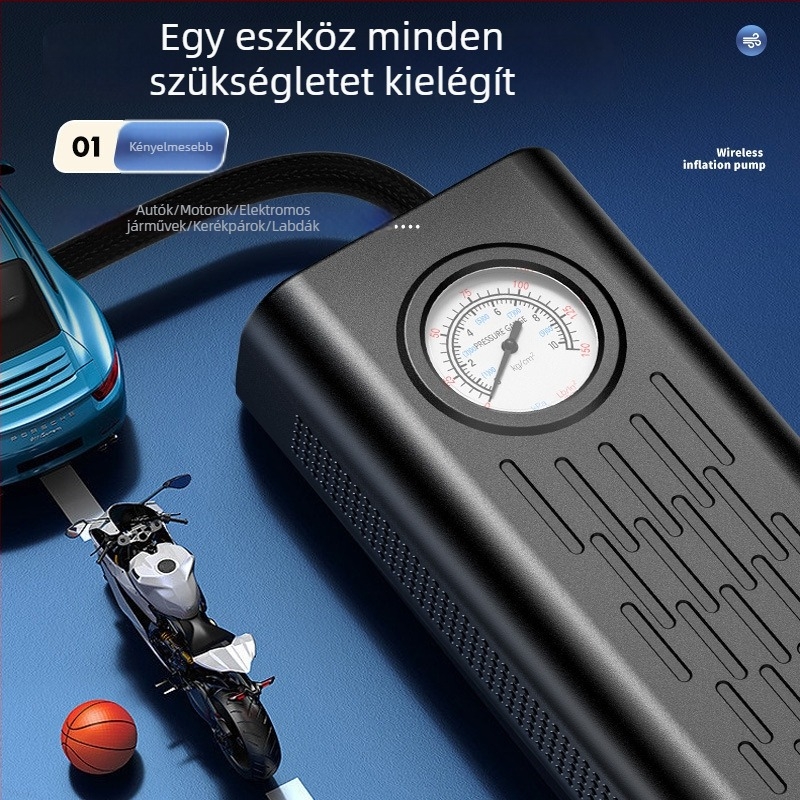 Vezeték nélküli autó légpumpa manométerrel, 12V, 220W, 30 L/min, 5–20 perc üzemidő