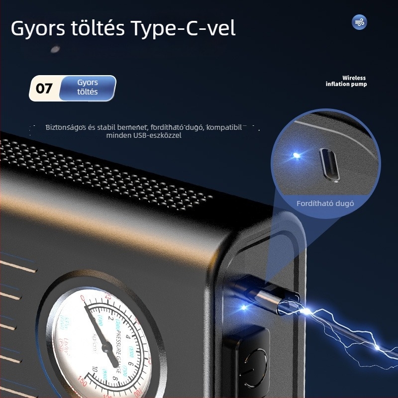 Vezeték nélküli autó légpumpa manométerrel, 12V, 220W, 30 L/min, 5–20 perc üzemidő