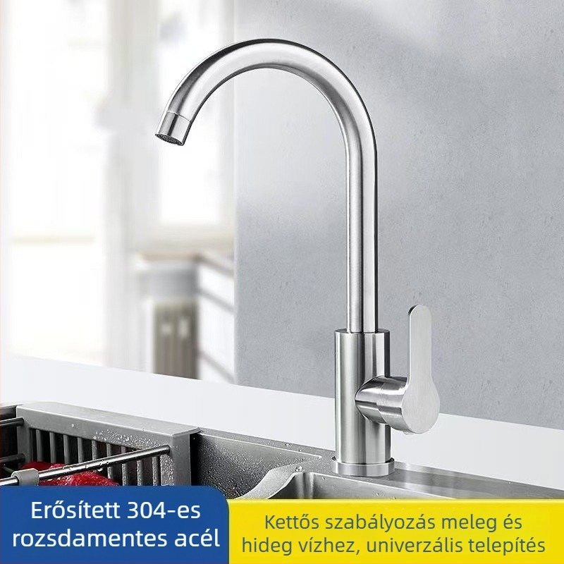 Rozsdamentes acélból készült konyhai csap, matt felülettel, meleg és hideg víz, forgó kifolyó, kerámia szeleppel