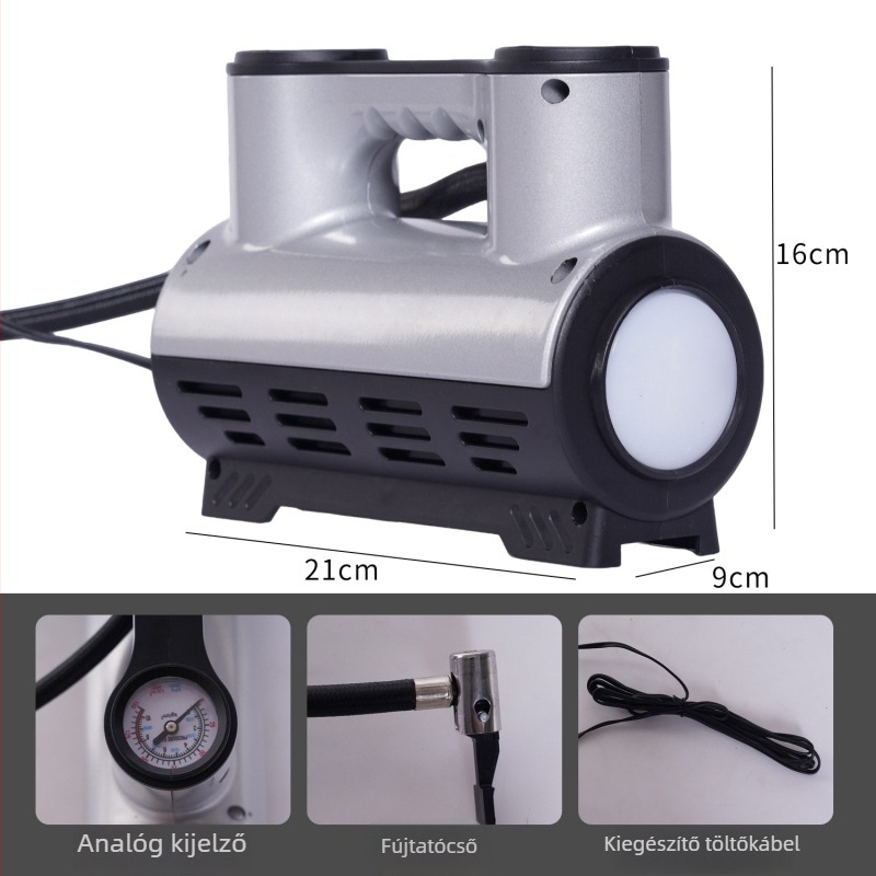 Autó guminyomó inflátor — erős, hordozható, 12V, 100W, 35 L/min, 2,8 m kábel, tömeg 0,78 kg