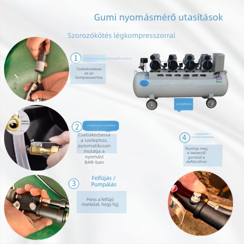 KM-1207 gumiabroncsnyomás-mérő elektronikus digitális kijelzővel, háttérvilágítással, felbontás 0,01 bar, tartomány 0–15 BAR