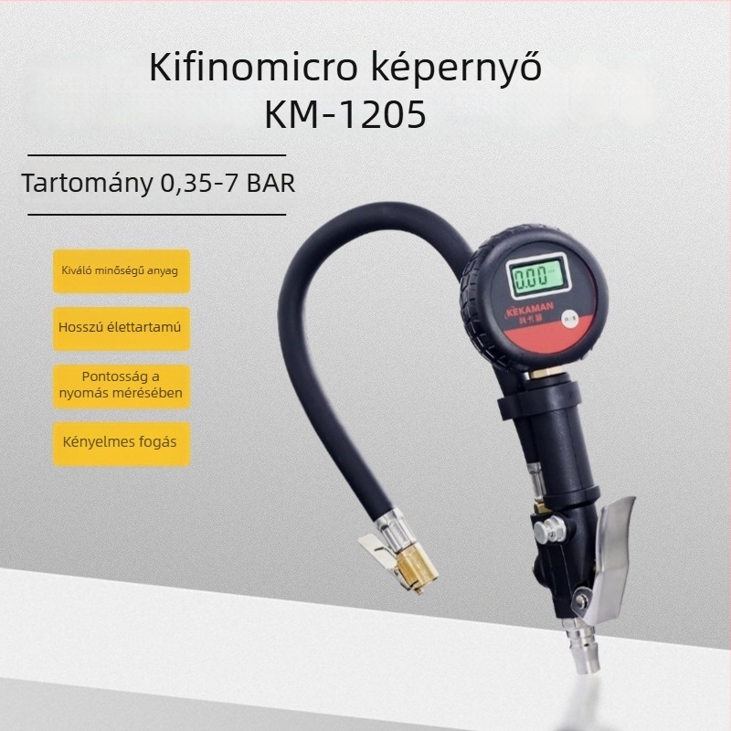 KM-1207 gumiabroncsnyomás-mérő elektronikus digitális kijelzővel, háttérvilágítással, felbontás 0,01 bar, tartomány 0–15 BAR