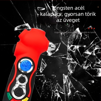 Autóvészhelyzeti multiműszer: üvegzúzó, övvágó, LED zseblámpa, villogó fény, levegő kiengedő, gumiabroncs nyomásmérő, profilmélységmérő, mágnes — 5–150 psi, PSI/BAR, ±1% pontosság