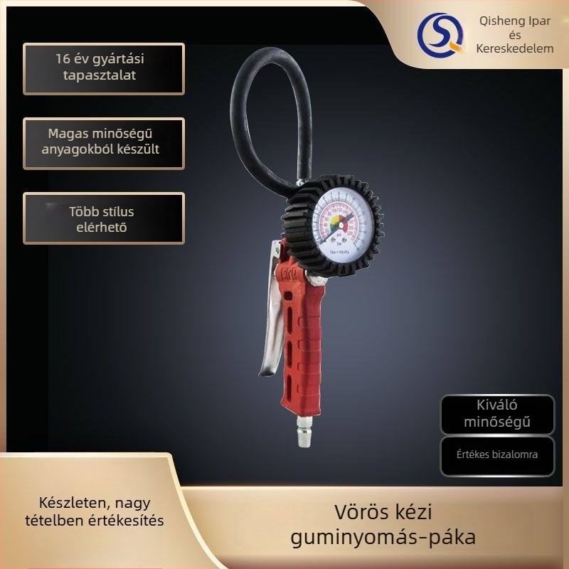 Gumiabroncsnyomás-mérő légkieresztő és felfújási funkcióval, Qs/qisheng, 0-220 psi tartomány, egységek: psi/bar, pontosság ±2%, akril-ötvözet test
