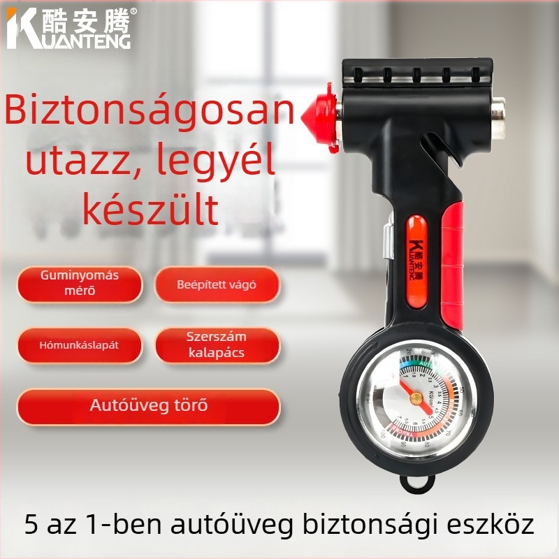 5 az 1-ben vészhelyzeti eszköz: ablaktörő, multifunkcionális kalapács, biztonsági öv vágó, gumiabroncsnyomásmérő (10-100 psi), hótoló lapát