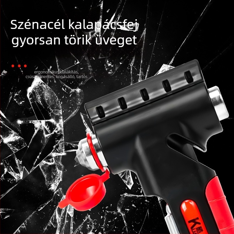 5 az 1-ben vészhelyzeti eszköz: ablaktörő, multifunkcionális kalapács, biztonsági öv vágó, gumiabroncsnyomásmérő (10-100 psi), hótoló lapát