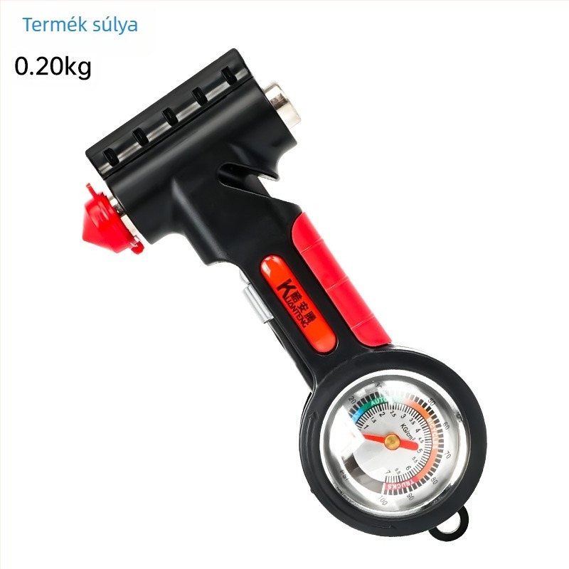 5 az 1-ben vészhelyzeti eszköz: ablaktörő, multifunkcionális kalapács, biztonsági öv vágó, gumiabroncsnyomásmérő (10-100 psi), hótoló lapát