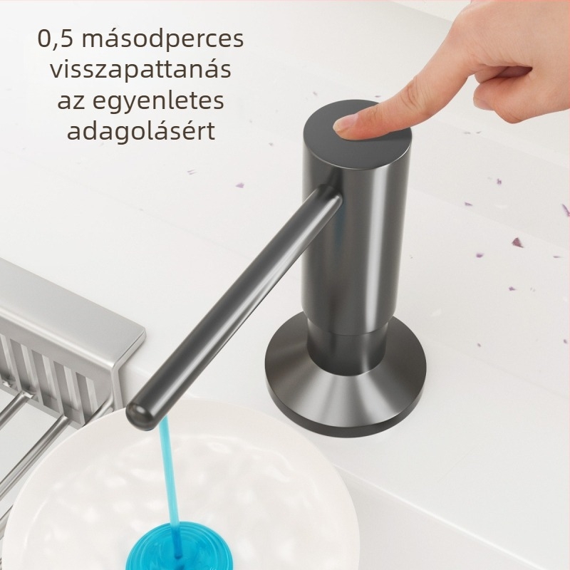 Rozsdamentes acél szappanadagoló | Kézi nyomásos működés; Fúrás nélküli szerelés; Modern minimalist stílus; Tömeg: 350 g