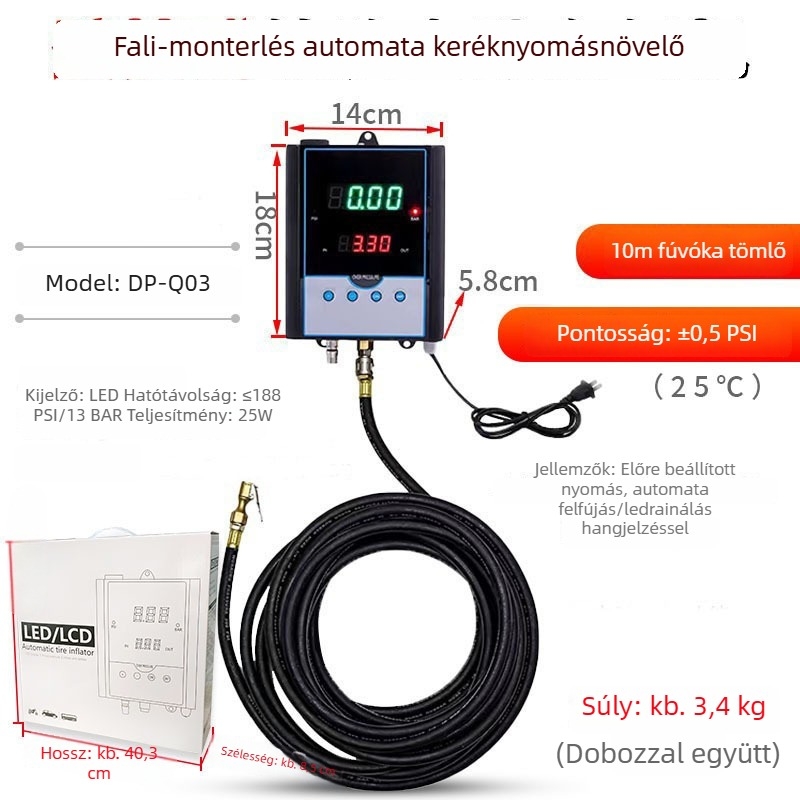 Teljesen automata falra szerelhető autógumi fújó beépített nyomásmérővel, modell DP-Q03