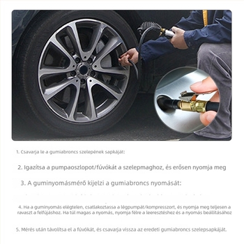 Digitális guminyomásmérő autógumikhoz és fúvópisztollyal