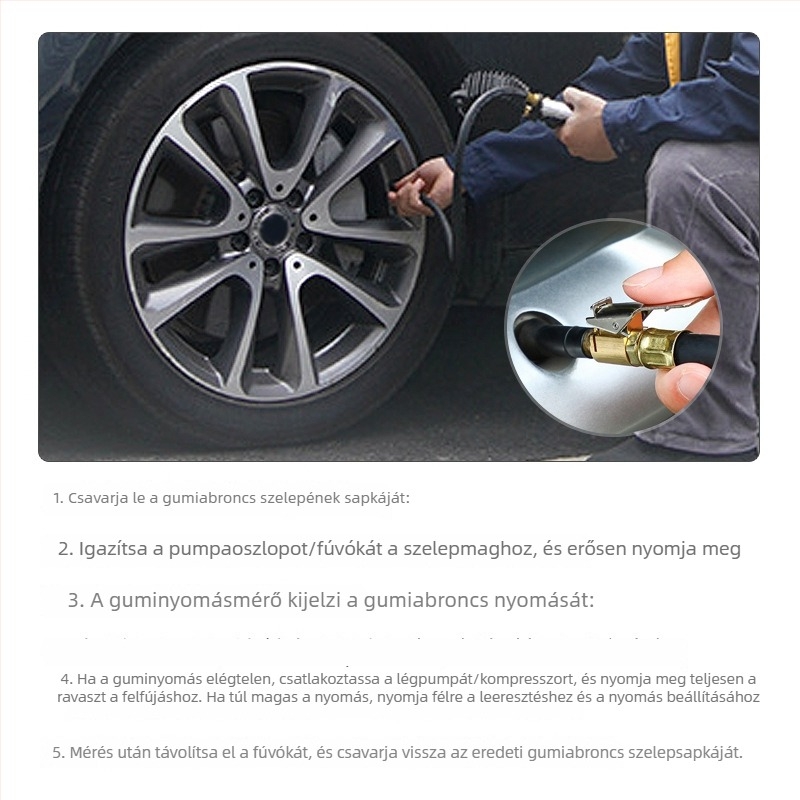 Digitális guminyomásmérő autógumikhoz és fúvópisztollyal