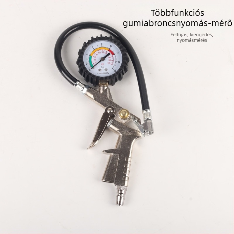 Digitális gumiabroncsnyomás-mérő fúvópisztollyal, 0–220 PSI tartomány, 0,2 BAR pontosság, digitális kijelző, műanyag- és acél test