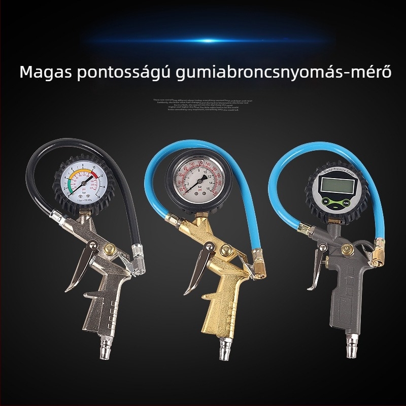 Digitális gumiabroncsnyomás-mérő fúvópisztollyal, 0–220 PSI tartomány, 0,2 BAR pontosság, digitális kijelző, műanyag- és acél test