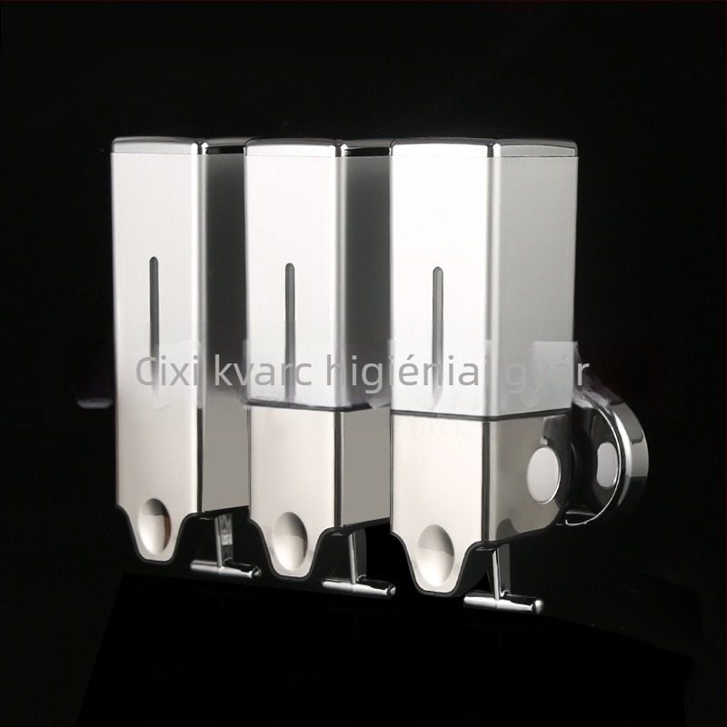 Háromüveges szappan- és sampon-adagoló, ABS, elektroplattázás, modern letisztult stílus, húzó rúd