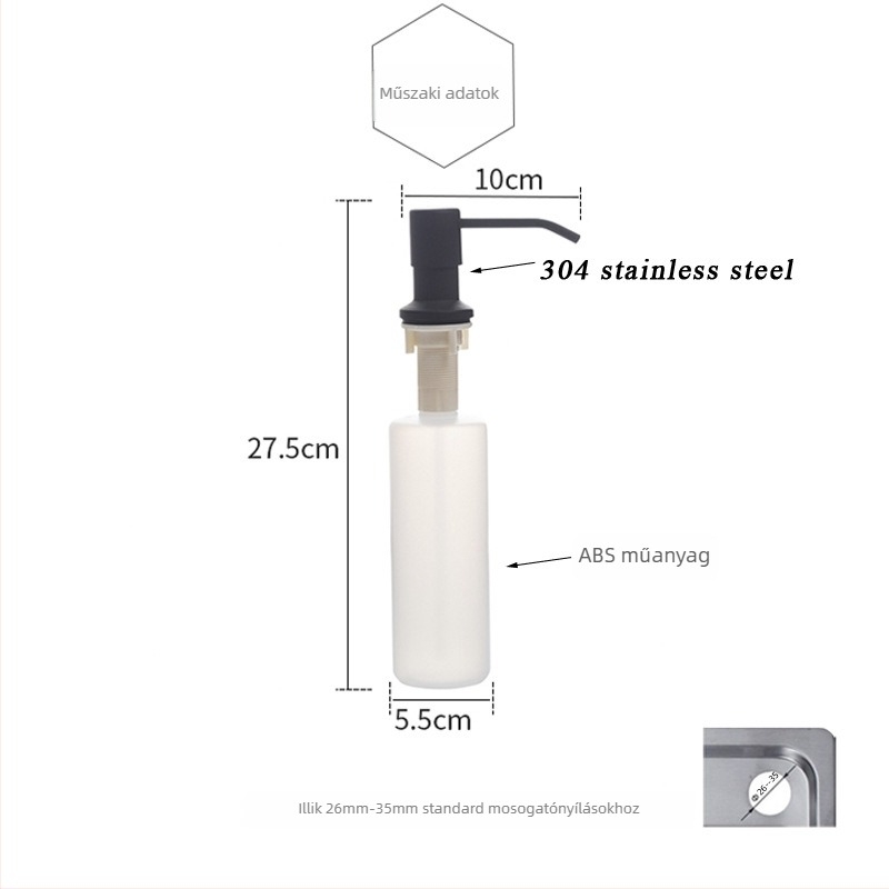 Mosogatótál szappanadagoló 304 rozsdamentes acél fej és műanyag üveg, kézi nyomású működés, spray bevonat felület, súly 0,1 kg