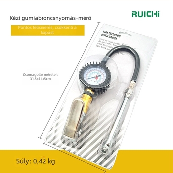 Ruichi kézi keréknyomásmérő és fúvóeszköz, cinkötvözet ház, 220 psi tartomány, 10 psi pontosság, több egység kijelző, tömeg 0,42 kg