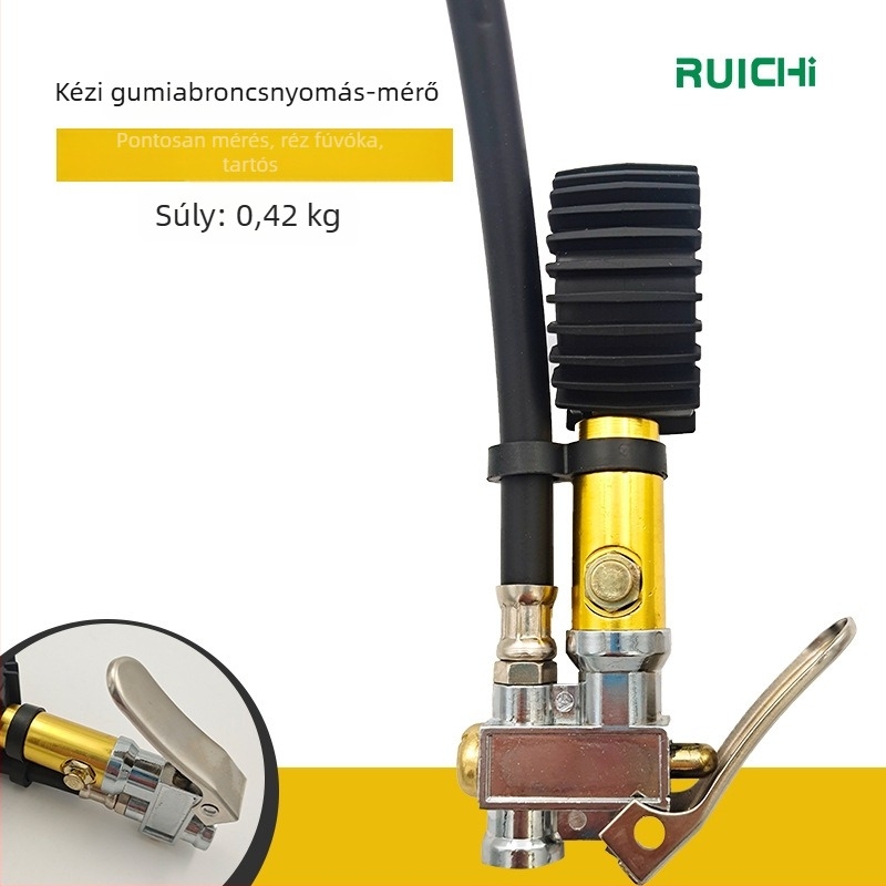 Ruichi kézi keréknyomásmérő és fúvóeszköz, cinkötvözet ház, 220 psi tartomány, 10 psi pontosság, több egység kijelző, tömeg 0,42 kg