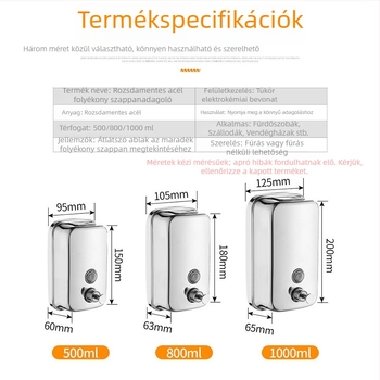 Rozsdamentes acél falra szerelhető folyékony szappan adagoló, kézi működtetés, modern minimál stílus, súly 500 g