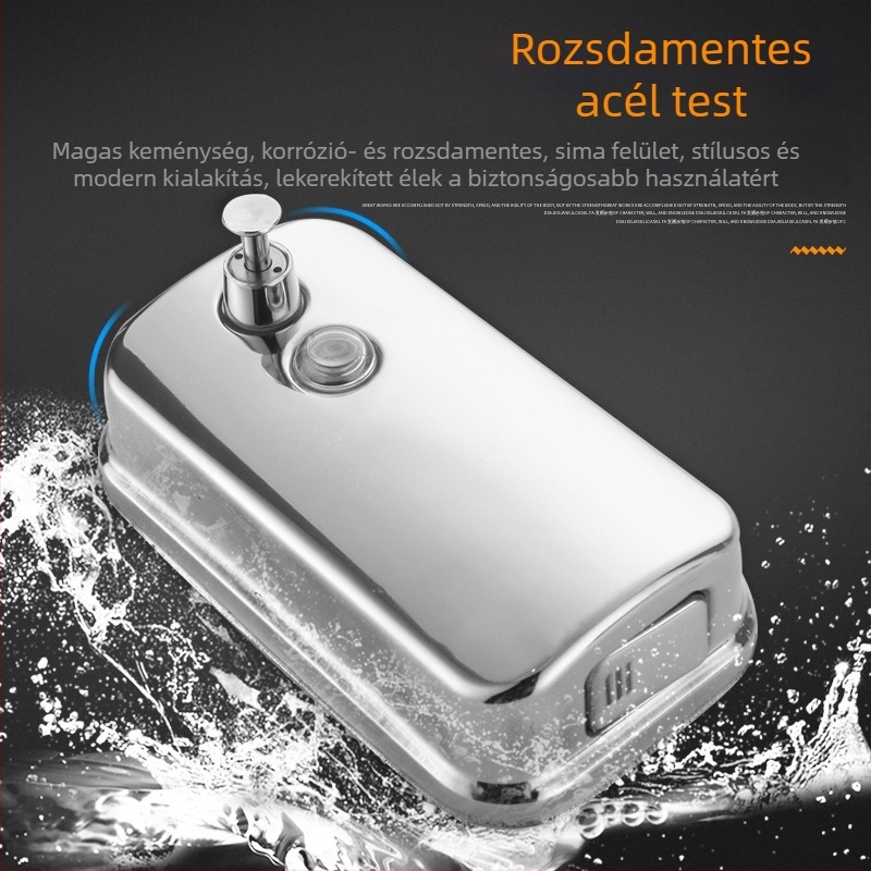 Rozsdamentes acél falra szerelhető folyékony szappan adagoló, kézi működtetés, modern minimál stílus, súly 500 g