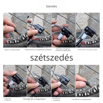 Kerékpár belsőpumpa manométerrel, többfunkciós, kézi használatú, kerékpárokhoz, elektromos autókhoz és motorkerékpárhoz — modell DQ8 6532K, anyag: vas, tömeg 851 g