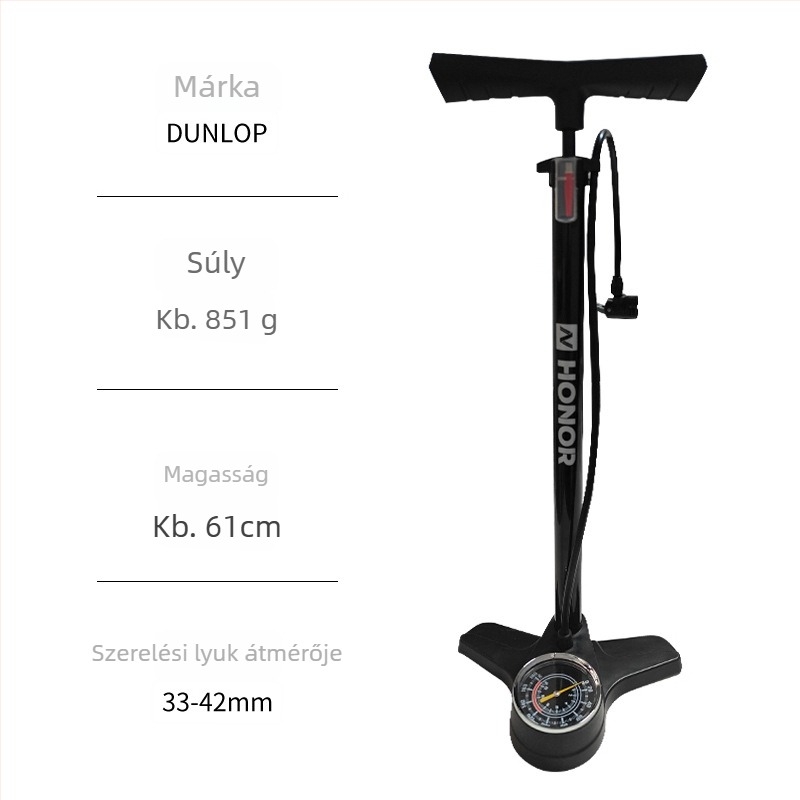 Kerékpár belsőpumpa manométerrel, többfunkciós, kézi használatú, kerékpárokhoz, elektromos autókhoz és motorkerékpárhoz — modell DQ8 6532K, anyag: vas, tömeg 851 g