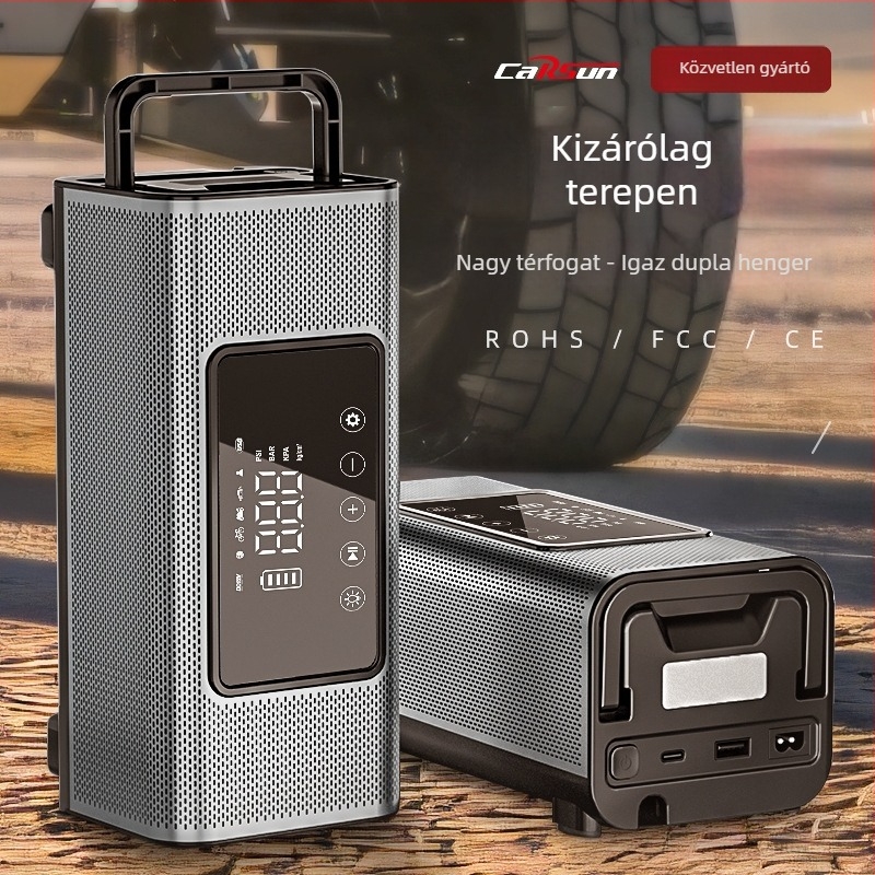 Autóba szerelhető dupla hengertes levegőpumpa, 12V, 120W, 35 L/min, vezeték nélküli újratölthető, digitális kijelző