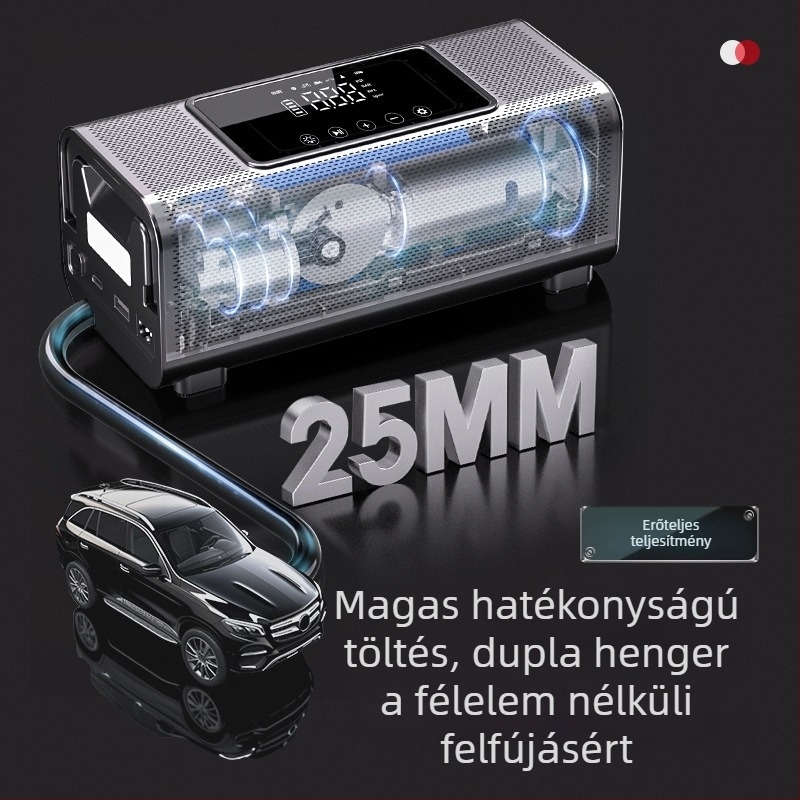Autóba szerelhető dupla hengertes levegőpumpa, 12V, 120W, 35 L/min, vezeték nélküli újratölthető, digitális kijelző