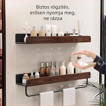 Diófából készült falra szerelhető fürdőszobai tároló, két szintű törölközőtartó, fúrás nélkül