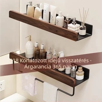Diófából készült falra szerelhető fürdőszobai tároló, két szintű törölközőtartó, fúrás nélkül