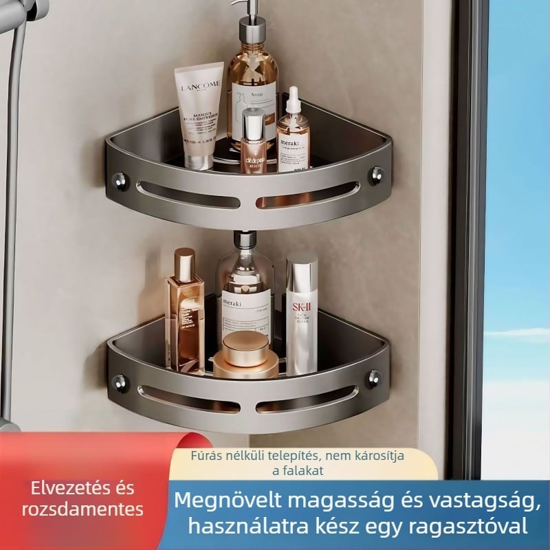 Fürdőszoba sarkában elhelyezhető polc, fürdőszobai tárolópolc, WC-tárolópolc, fúrás nélküli szerelés, törölközőtartó
