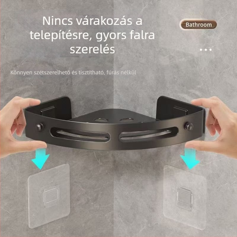 Fürdőszoba sarkában elhelyezhető polc, fürdőszobai tárolópolc, WC-tárolópolc, fúrás nélküli szerelés, törölközőtartó