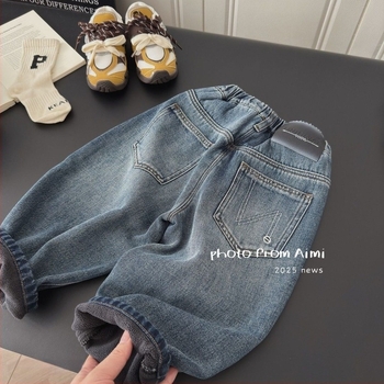 Koreai stílusú gyerek farmer, fleece bélés, denim anyag, pamut tartalom, lágyított feldolgozás, téli darab