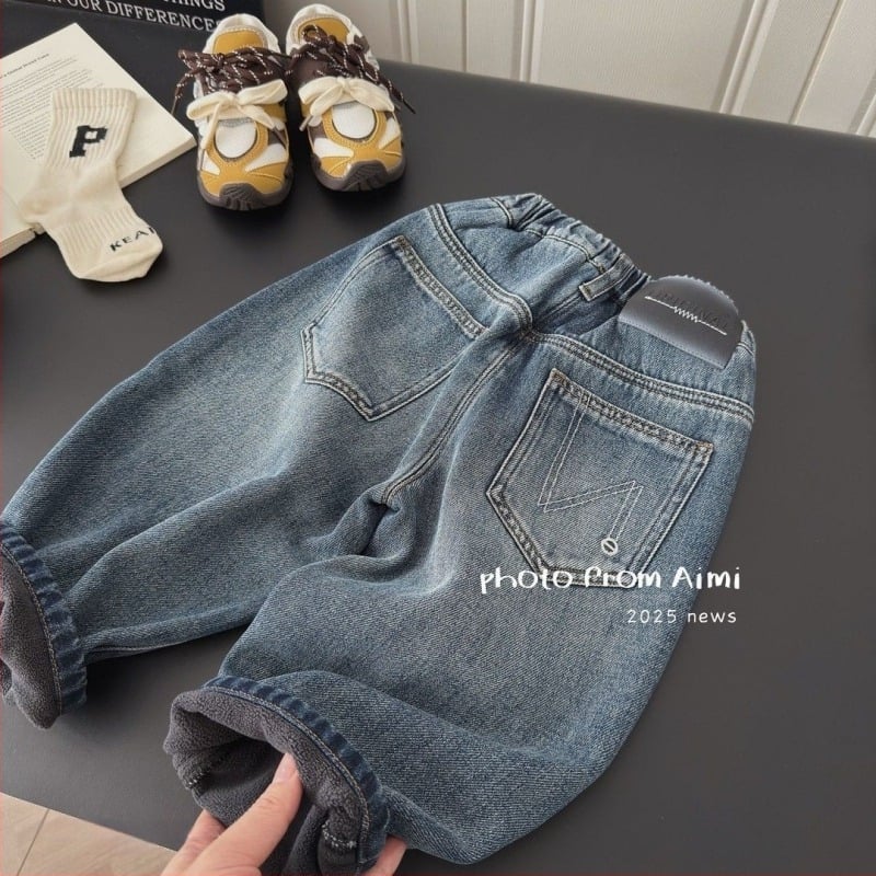 Koreai stílusú gyerek farmer, fleece bélés, denim anyag, pamut tartalom, lágyított feldolgozás, téli darab