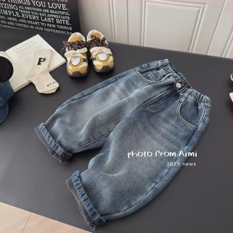 Koreai stílusú gyerek farmer, fleece bélés, denim anyag, pamut tartalom, lágyított feldolgozás, téli darab