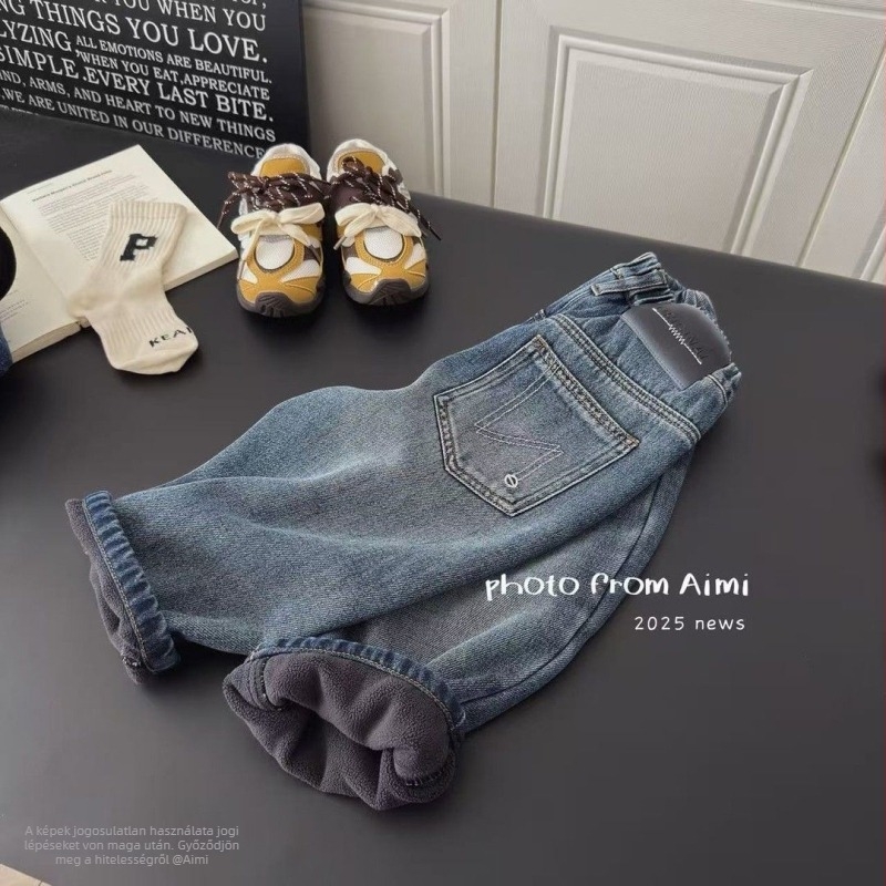 Koreai stílusú gyerek farmer, fleece bélés, denim anyag, pamut tartalom, lágyított feldolgozás, téli darab
