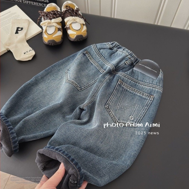 Koreai stílusú gyerek farmer, fleece bélés, denim anyag, pamut tartalom, lágyított feldolgozás, téli darab