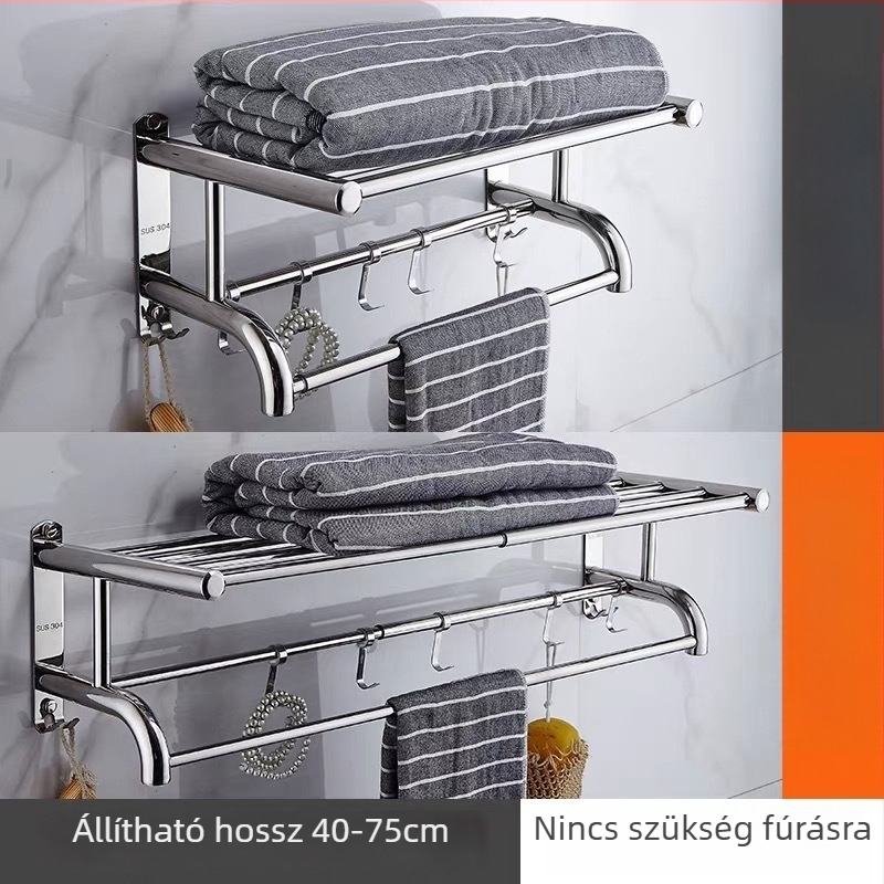 Két szintes 304 rozsdamentes acél törölközőtartó szállodai fürdőszobához, fúrás nélküli, kihúzható, falra szerelhető