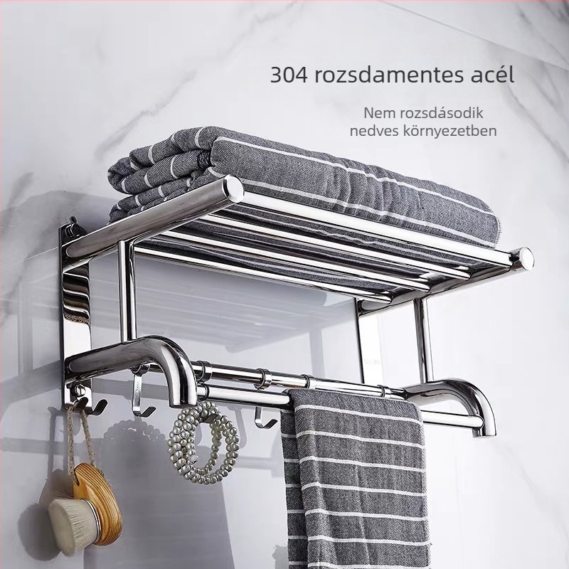 Két szintes 304 rozsdamentes acél törölközőtartó szállodai fürdőszobához, fúrás nélküli, kihúzható, falra szerelhető