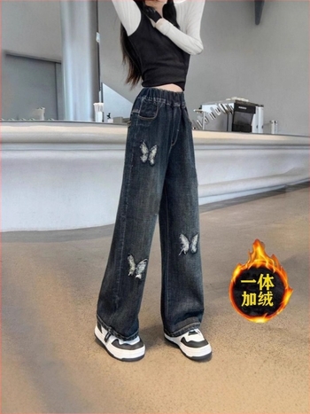 Lányoknak szóló denim széles szárú nadrág fleece béléssel, magas derékkal, koreai téli stílusban