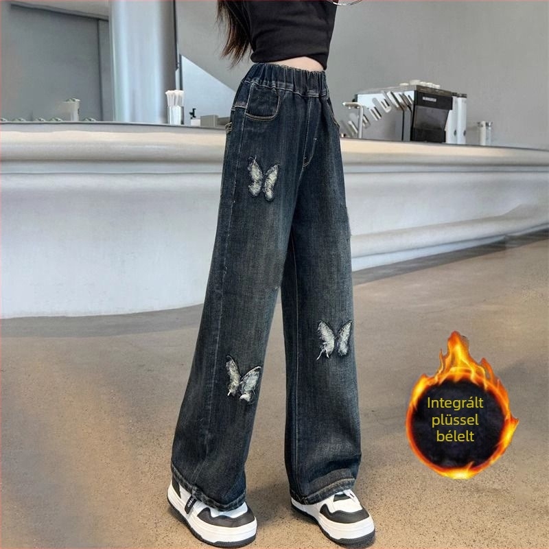 Lányoknak szóló denim széles szárú nadrág fleece béléssel, magas derékkal, koreai téli stílusban